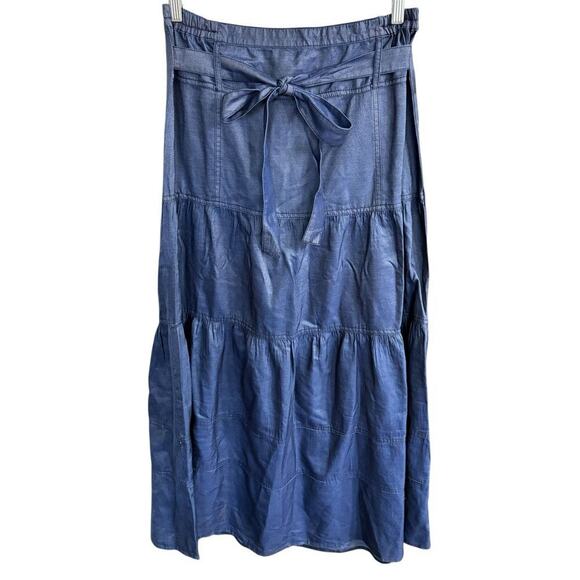 Deja Bleu Premium Denim Maxi Skirt Tiered Belted Prairie Western Boho M Peasant - Picture 1 of 9